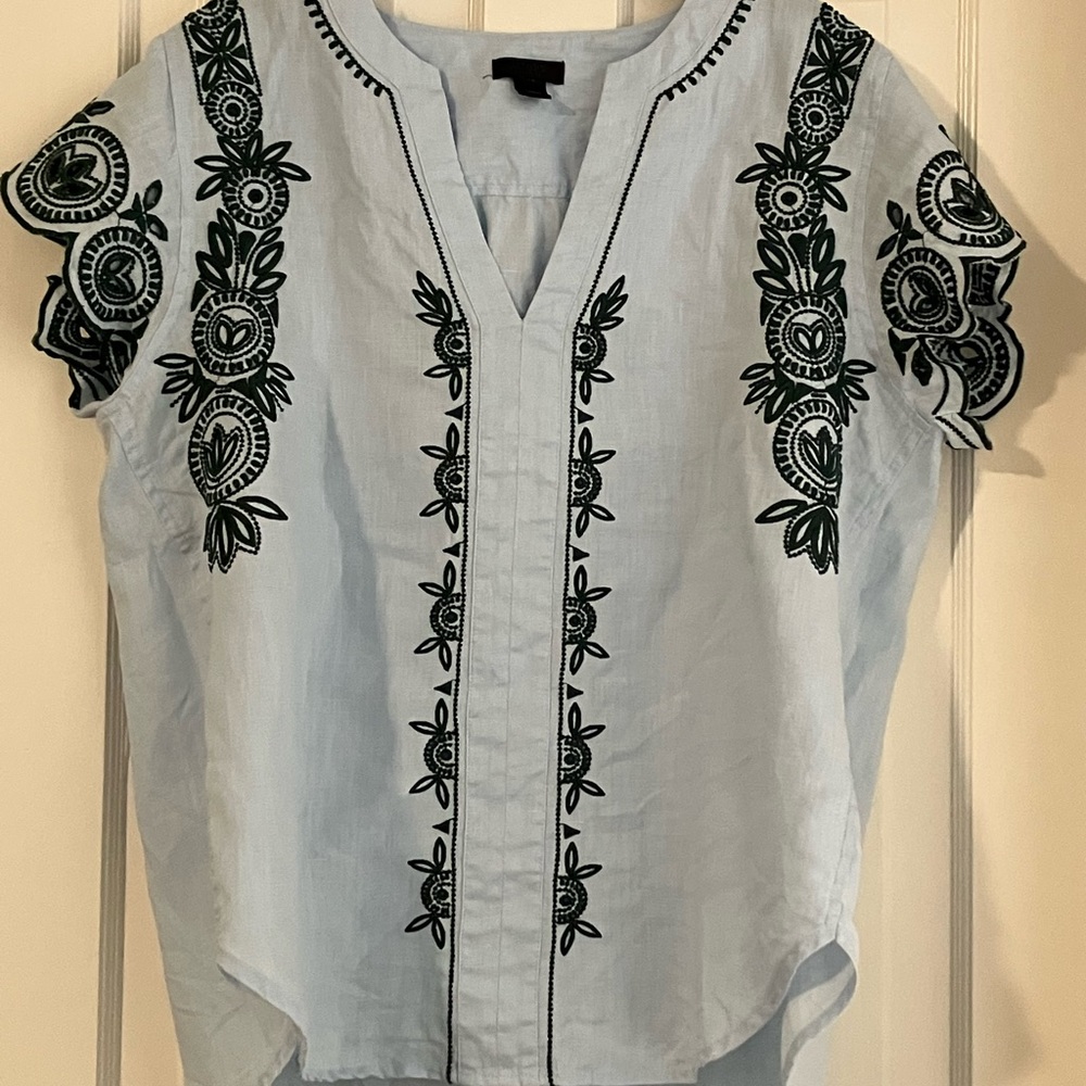 J Crew Collection Embroidered Linen Top with Flutter Sleeves Size 12